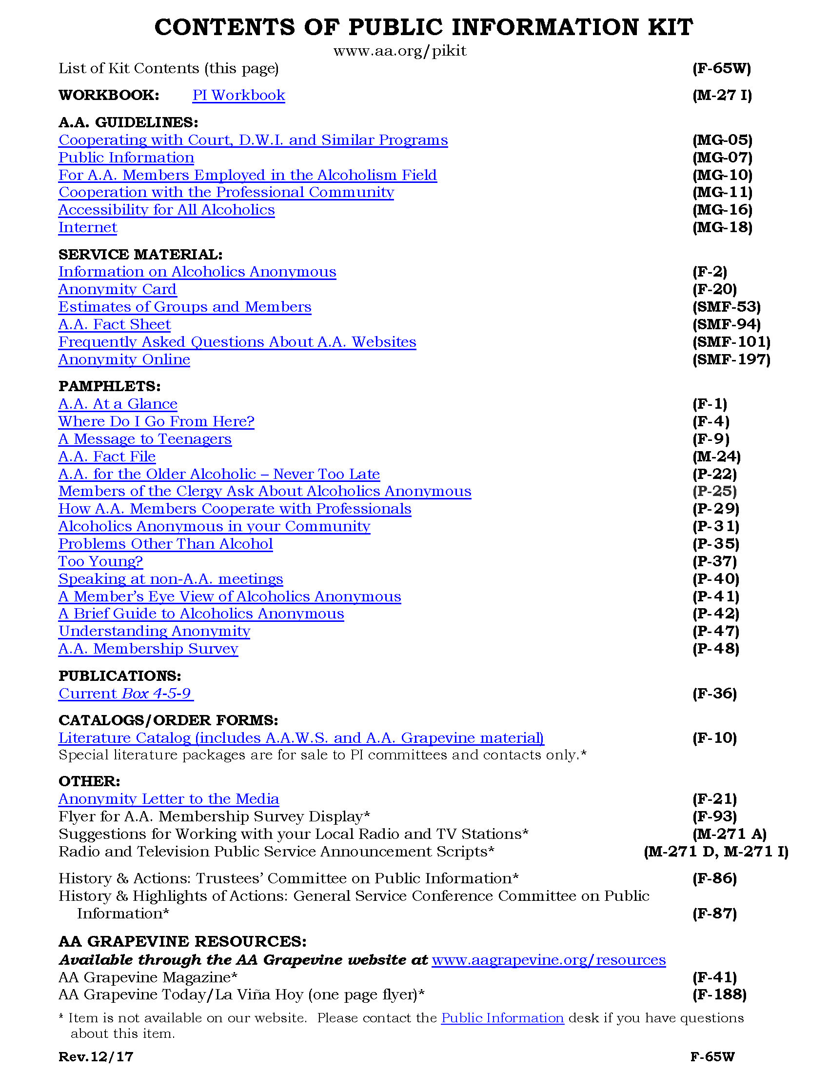 Contents of Public Information Kit List