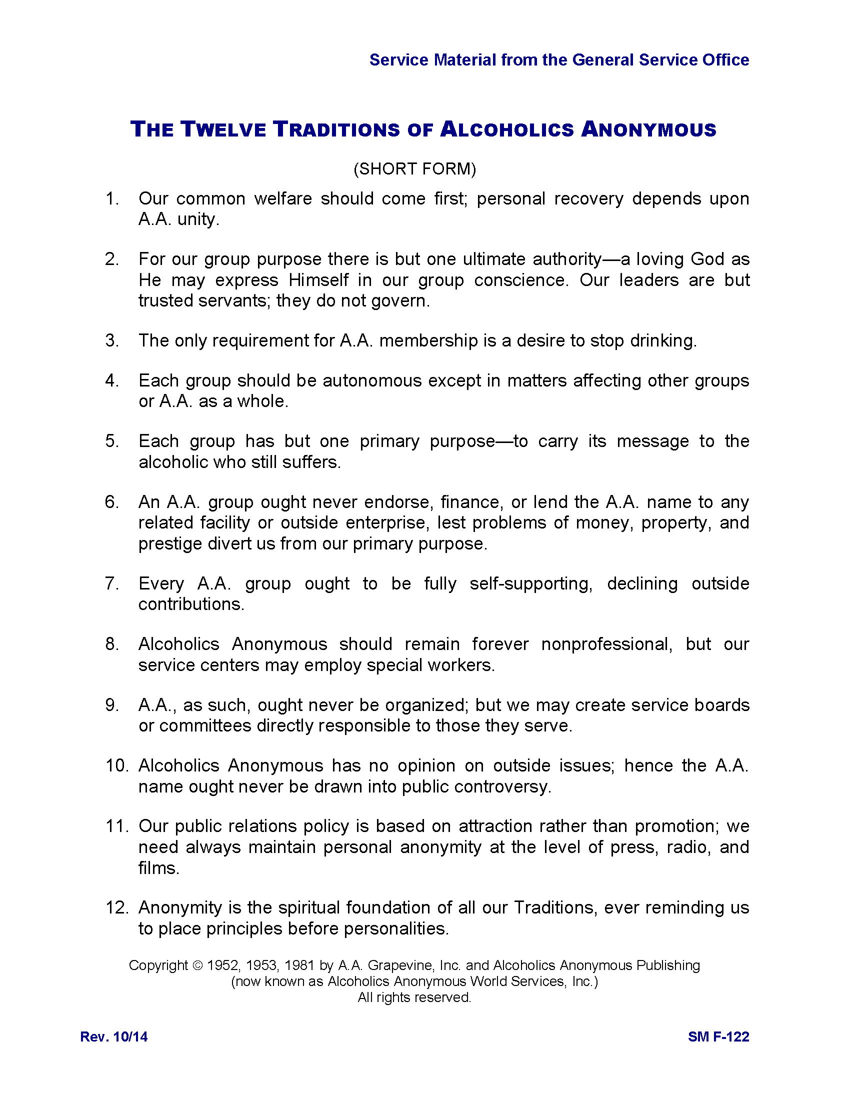 The Twelve Traditions Of Alcoholics Anonymous short Form Alcoholics 
