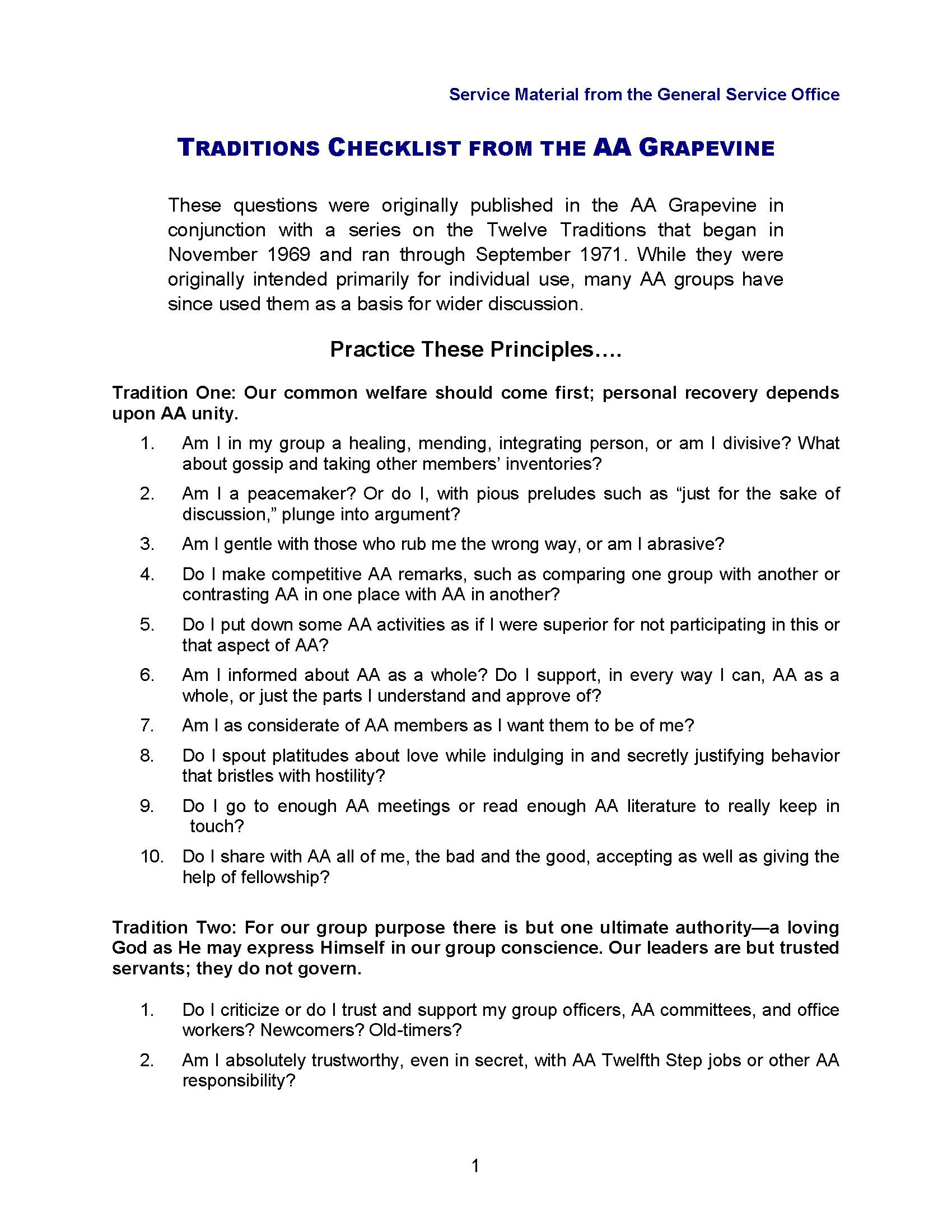 Traditions Checklist From The A A Grapevine Alcoholics Anonymous