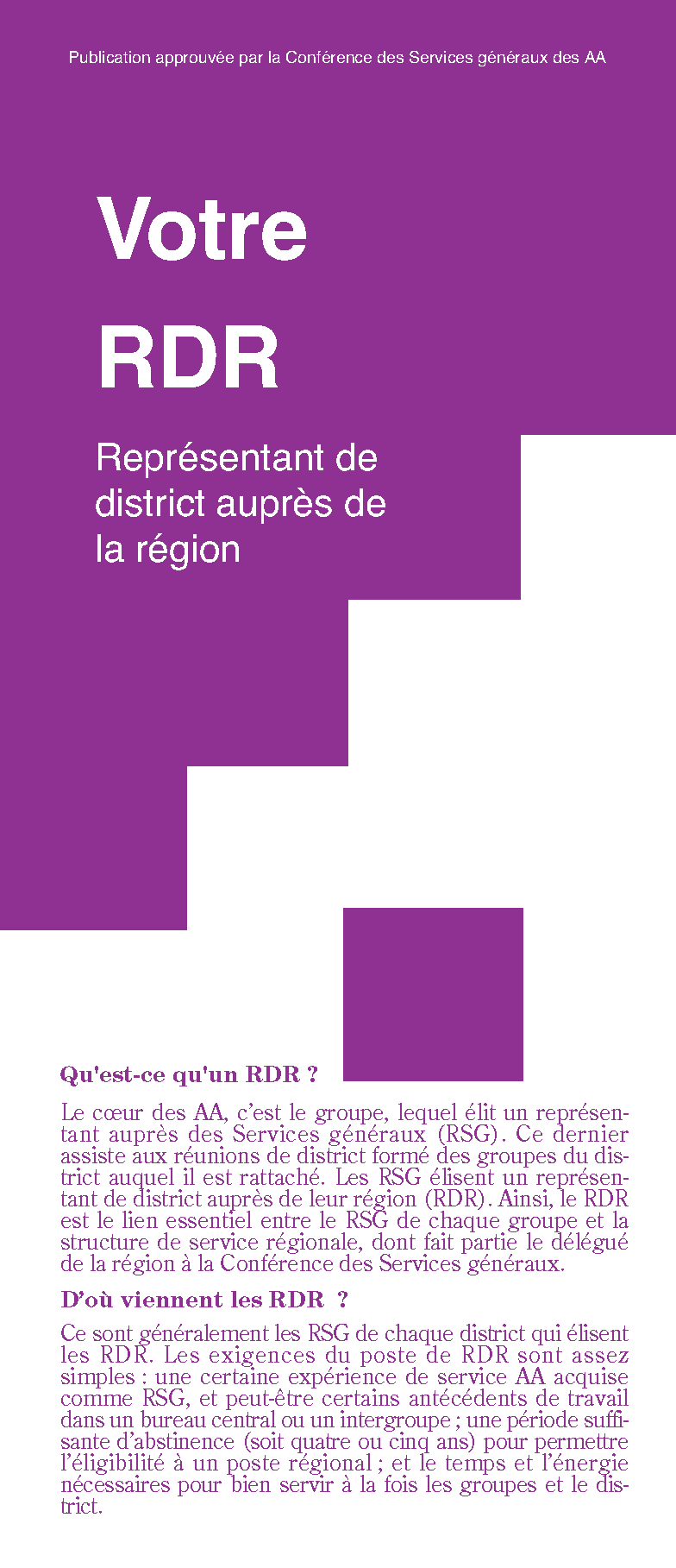 Couverture de la brochure AA: Votre RDR - Représentant de district auprès de la région