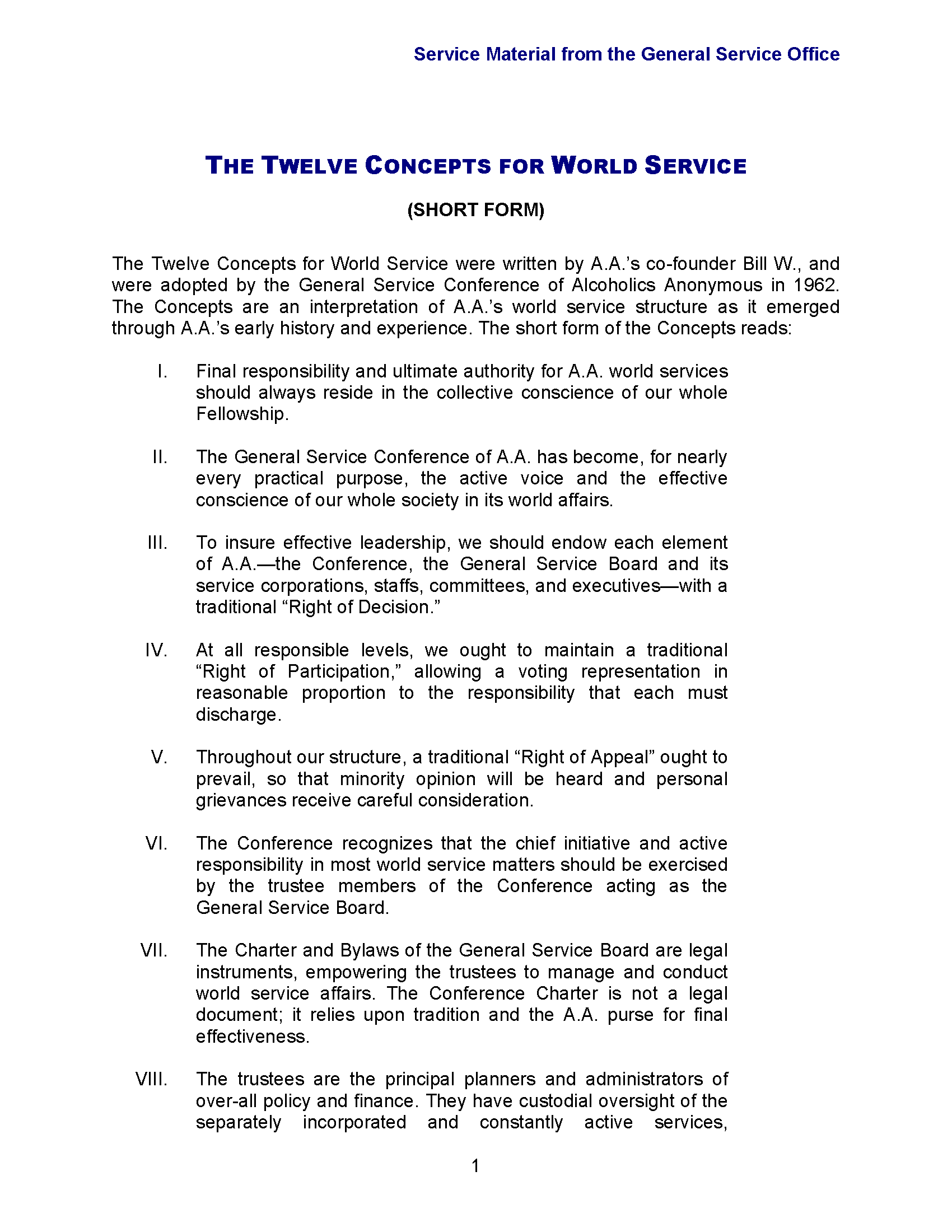 The Twelve Concepts for World Services (Short Form)