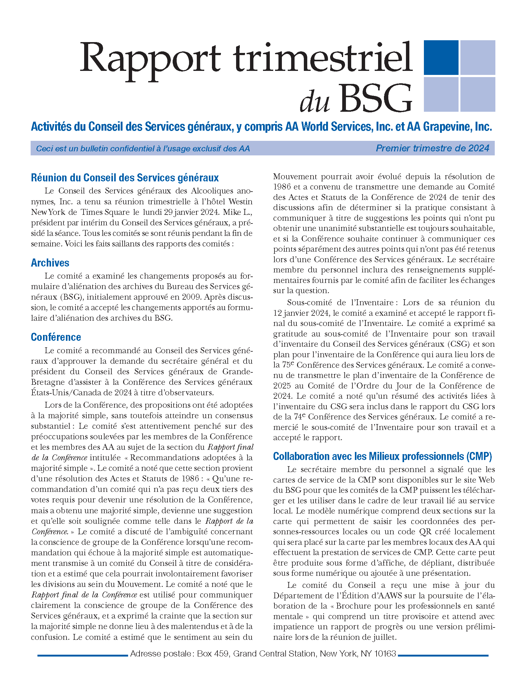 First page of the GSO Quarterly Report - First Quarter in French