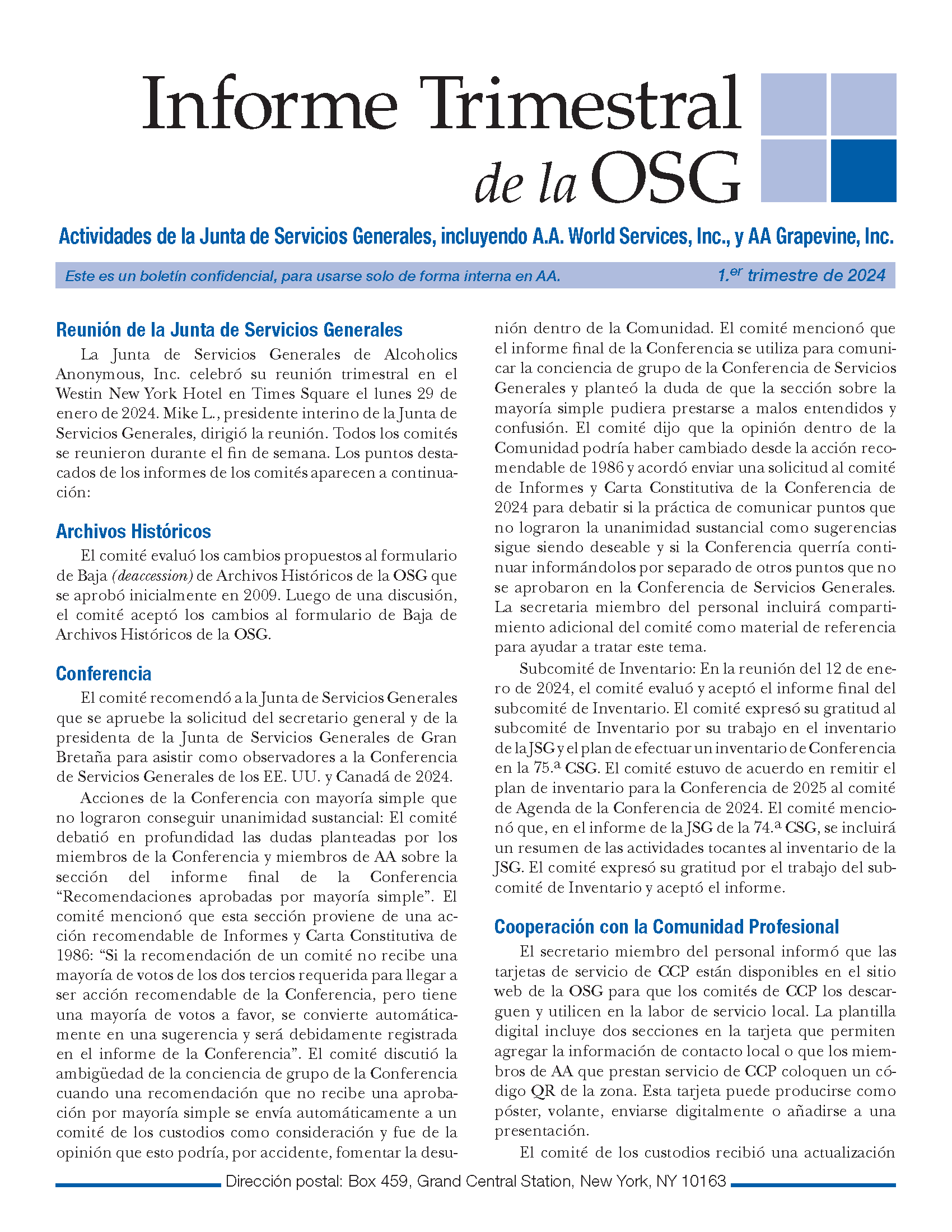 First page of the GSO Quarterly Report - First Quarter in Spanish