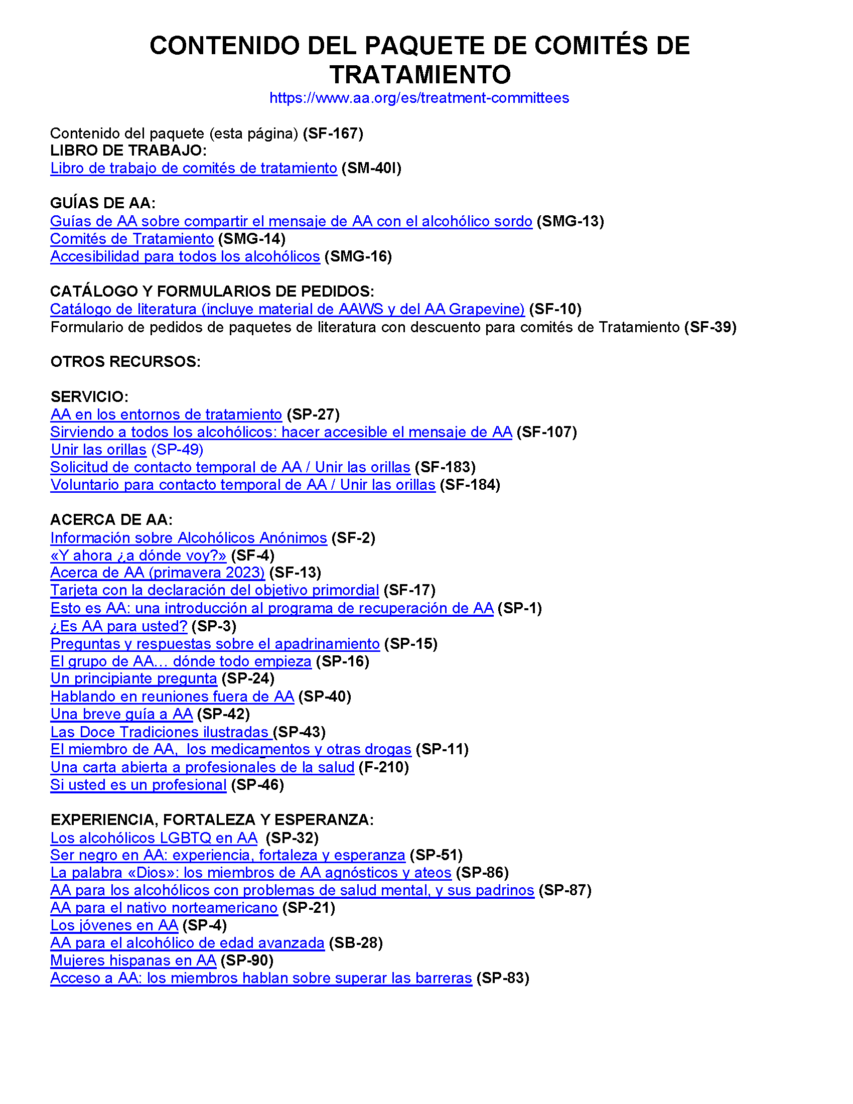 SF-167 Contenido del Paquete de Comites de Tratamiento