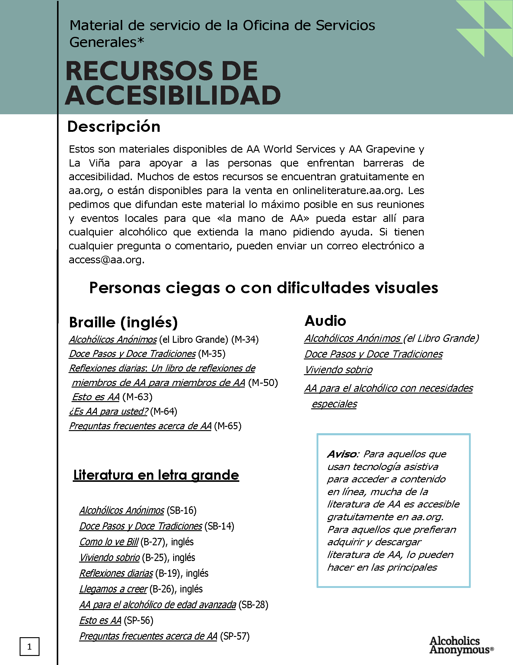 Accessibility Resources cover page Spanish