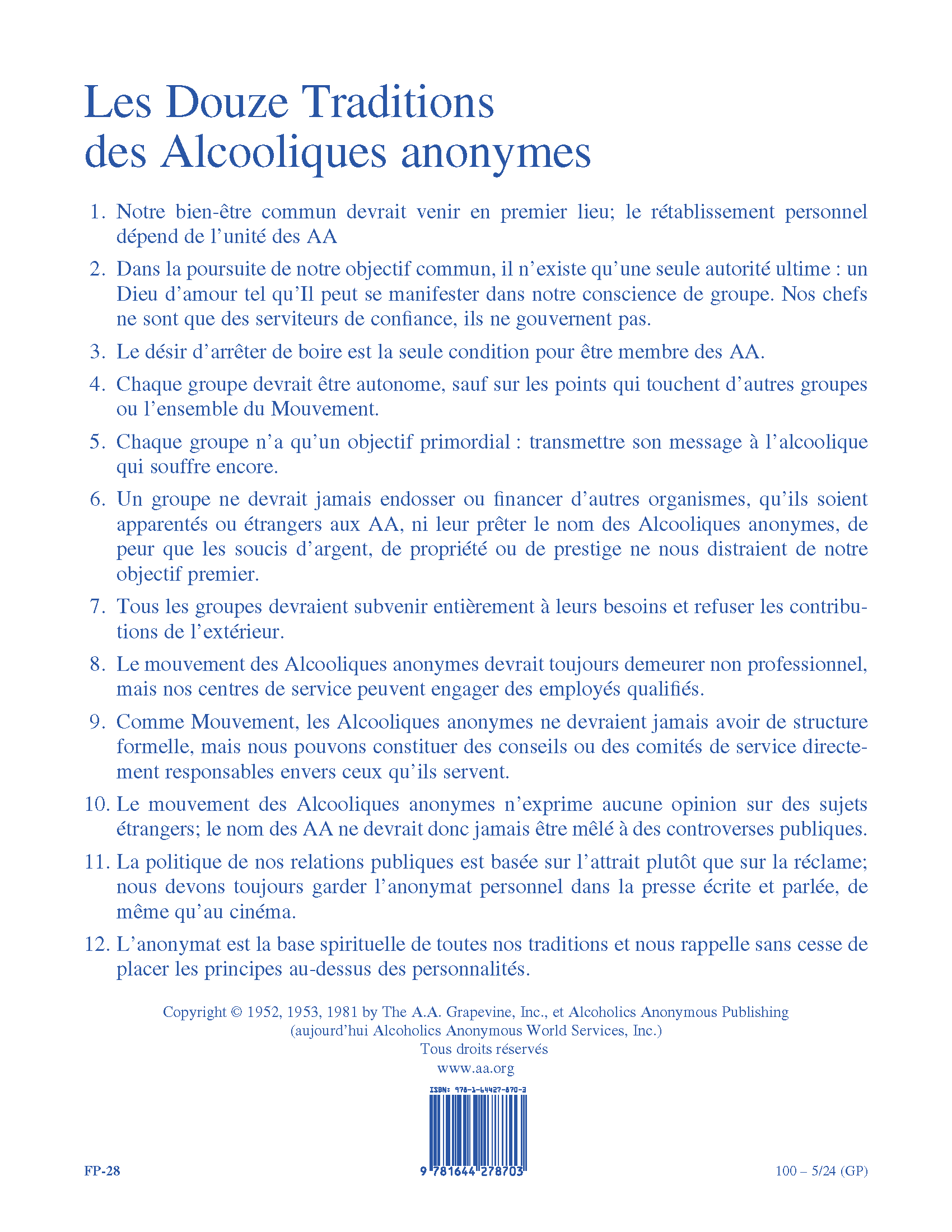 Couverture de la brochure AA: Les Douze Traditions des Alcooliques anonymes