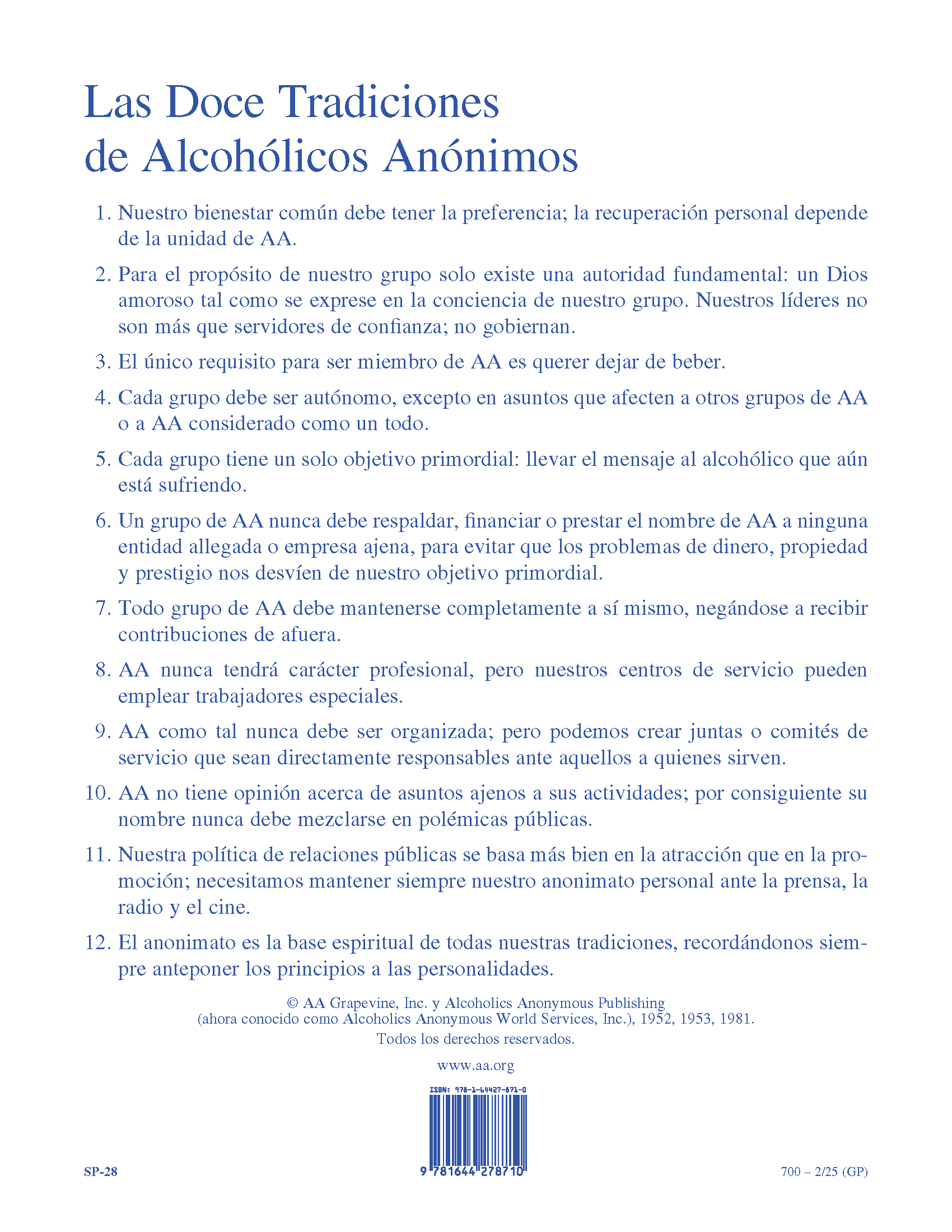 Portada del folleto de AA: Las Doce Tradiciones de Alcohólicos Anónimos